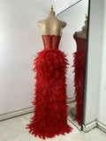 Women Sexy Straplss Crystals Diamonds Feather Luxury Party Dress Designer Mesh Transparent Performance Stage Outfit