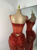 Sparkly Red Rhinestones Sequins Alluring See Through 2 Piece Maxi Dress 2025 Women's Evening Birthday Party Stage Show Outfit