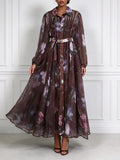 Floral Print Shirt Maxi Dress for Women Point Collar Long Lantern Sleeve Button Front Detachable Buckle Belt Sheer Chiffon