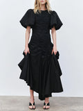 Solid Spliced Drawstring Folds Designer Maxi Dress for Women O Neck Puff Sleeve High Waist Elegant Party Dresses Female New