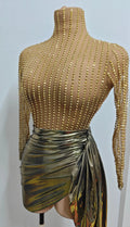 Luxury Sparkly Diamonds Women Birthday Evening Party Nightclub Stage Show Costume Sexy Mesh See Through Long Sleeves Mini Dress