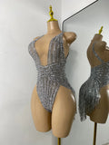 Sexy Mesh See Through Bodysuit Women Glitter Rhinestones Tassel Sleeveless Performance Dance Costume Nightclub Bar Stage Wear