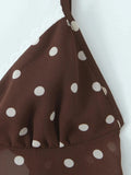 Casual Coffee Polka Dot Two Piece Set for Women Lace Trim Cami Sheer Mesh Ruffled Midi Skirt Set for Vintage Dates