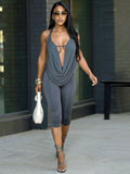 Sexy Swing Collar 2 Piece Set Women New Trend Hollow Halter Bandage Sleeveless Tank Top+Mid-Length Shorts Streetwear
