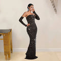 Beautiful Rhinestone Sheer Mesh Maxi Dress With Gloves Glam See-Through Diamonds Long One-Piece Dress Birthday Outfits