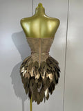 Women Sexy Strapless Mesh See Through Mini Dress Luxury Diamonds Leaf Birthday Evening Party PhotoShoot Nightclub Stage Costume