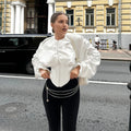 Vintage Patchwork Fish Bone Tunic Blouse for Women O Neck Puff Sleeve Spliced Zipper High End Shirts Female Autumn