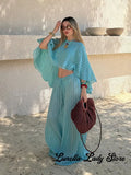Light Turquoise Striped Batwing Crop Top Drawstring Loose Wide Pants Women Seaside Resort Casual 2 Piece Matching Party Set 2026