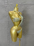 Gold Luxurious Black Bodysuit Women Sexy Halter Neck Iridescent Crystal Embellished Cutout Outfit Stage Performance Costume
