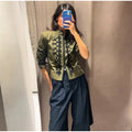 Women Woven Patchwork Napoleon Jacket Shoulder Pad Long Sleeve Hook Closure Street Blazer 2026 Spring Chic Casual Edgy Crop Coat