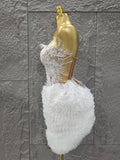 Glamorous White Lace Strapless Tops Ruffles Mini Skirt 2 PCS Set Women Evening Party Nightclub Singer Stage Performance
