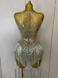 Sliver Sequins Shining Diamonds Sexy Mesh Long Tassel Bodysuit Women Nightclub Party Birthday Stage Performance Costume