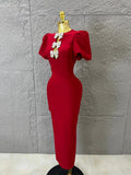 High Quality Red Bodycon Dress with Crystal Bow Cutout and Puff Sleeves Versatile for Celebrations and Gatherings