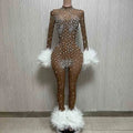 New Sexy See-through Red Fur Stone Club Wear Jumpsuit Long Women's Jumpsuit Rhinestone Mesh Jumpsuit