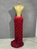 Sparkly Silver Crystal Studded Deep Cut Bodycon Satin Long Prom Gown Nightclub Dress