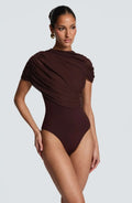 Ladies Bodycon Mesh Ruched Romper Asymmetric Draped Shoulder Mock Neck Short Jumpsuit Slim Fit Wrap Hem Cocktail And Clubwear