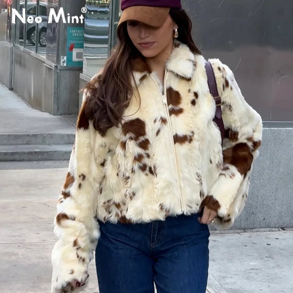 Chic Street Girls Cow Print Fur Coat Women 2026 Winter New Brand Fashion Warm Faux Fur Jacket Autumn Iconic Streetwear