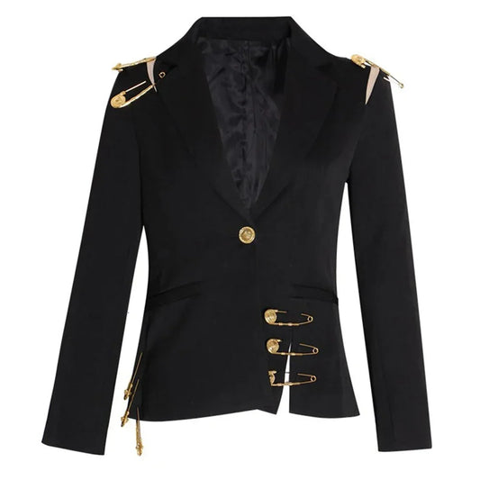 Chic Spliced Metal Pin Slimming Blazer for Women Notched Collar Long Sleeve Patchwork Mesh Hollow Out Fashion Jacket Female