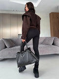 Women Brown Faux Fur Trim Suede Jacket Tie Belt Lapel Collar Long Sleeve Casual Chic Fall Winter Lady Commute Warm Outerwear New