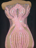 2026 Sexy Show Stage Wear Shiny Pink Rhinetones Sequins Strapless Mesh Sheer Long Dress Birthday Evening Celebrate Party Dress