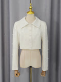 Elegant Bridesmaids White Two Piece Set for Women Lapel Pearl Accent Crop Jacket A Line Midi Skirts Suit for Formal Events