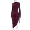 Chic Burgundy Long Sleeve Midi Dress for Women High Neck Slim Ruched Asymmetrical Skirt for Business Social Events