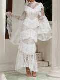 Retro Luxurious Wedding Dress for Women Stand Collar Flare Sleeve Spliced Ruffles Irregular Hem Party Long Dresses Female