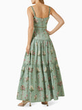 Boho Garden Parties Floral Print Maxi Sundress for Square Collar Sleeveless High Waist Slim Tiered Skirts for Casual Outings