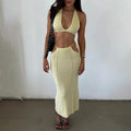 Women 2 Piece Set Sexy Halter Sleeveless Triangle Bra Crop Top Hollow Maxi Skirt Set Slim Knit Summer Beach Vacation Set