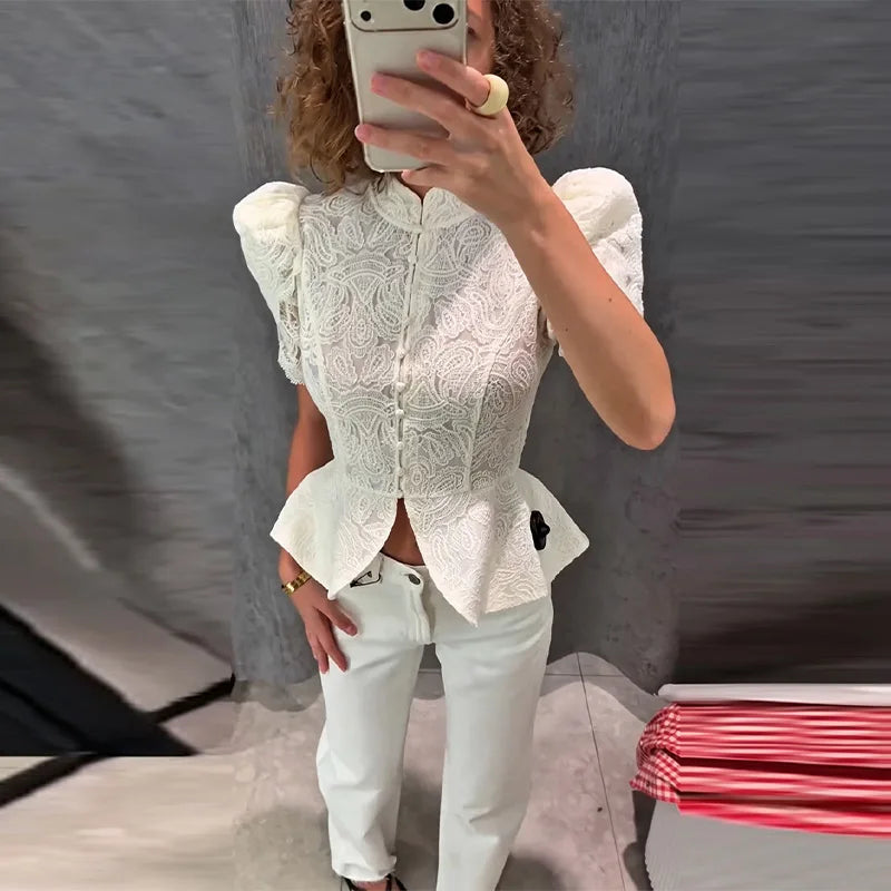 Lace Cutout Peplum Jacket Stand Collar Puff Sleeve Button Front Waist Cinched Outerwear 2026 Summer Fashion Lady Elegant Jacket