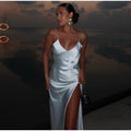 Satin V-Neck High-Slit Cami Maxi Dress Bodycon Backless 2026 Summer Fashion Elegant Women Gala Minimalist Evening Slip Gown
