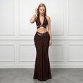 Women Metallic Trim 2 Piece Set Halter Deep V Cutout Crop Top High Waist Ruched Draped Mermaid Skirt Suit Lady Evening Outfit