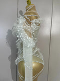 Sexy Mesh See Through Jumpsuit Women Elegant White Pearl Long Sleeves Eveing Birthday Party NightClub Dancer Stage Show Costumes