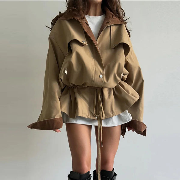 Fashion Women's Patchwork Lapel Long Jacket Loose Full Sleeve Lace Up Zipper Trench Coat 2026 Autumn Lady Casual Windbreaker