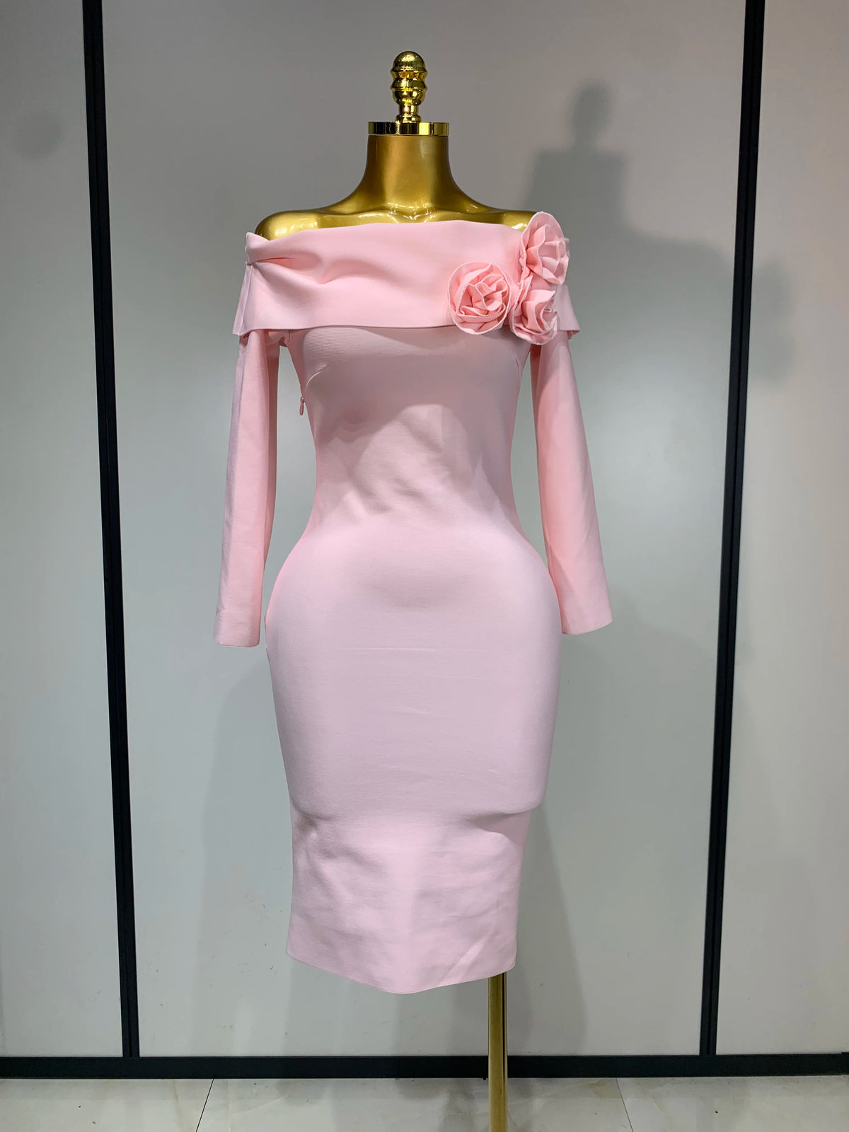 Women Sexy Off Shoulder Pink Flower Mini Bodycon Bandage Dresses Celebrity Elegant Evening Party Nightclub Wedding Clothing