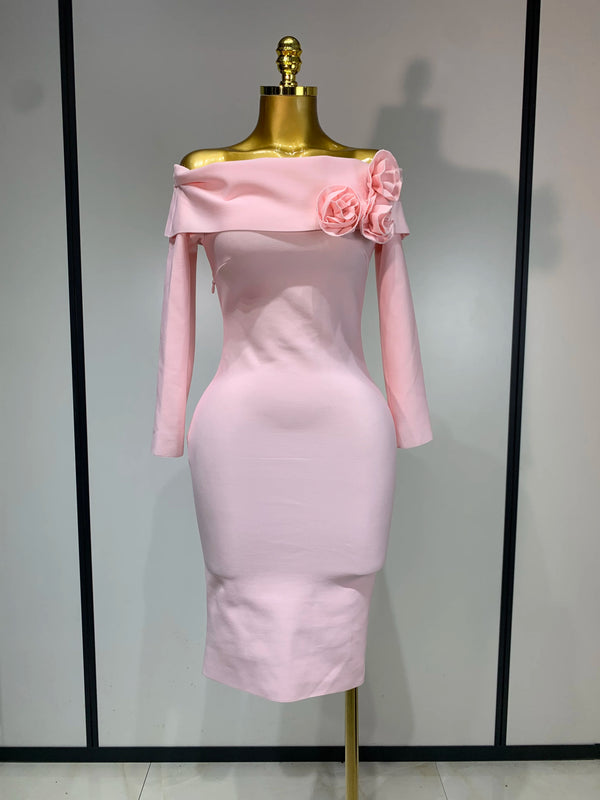 Women Sexy Off Shoulder Pink Flower Mini Bodycon Bandage Dresses Celebrity Elegant Evening Party Nightclub Wedding Clothing