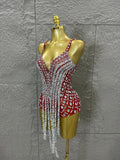 Sexy Sheer Mesh Bodysuit Women Spaghetti Strap V-Neck Full Crystal Embellished Fringe Bodycon Outfit Stage Performance Costume