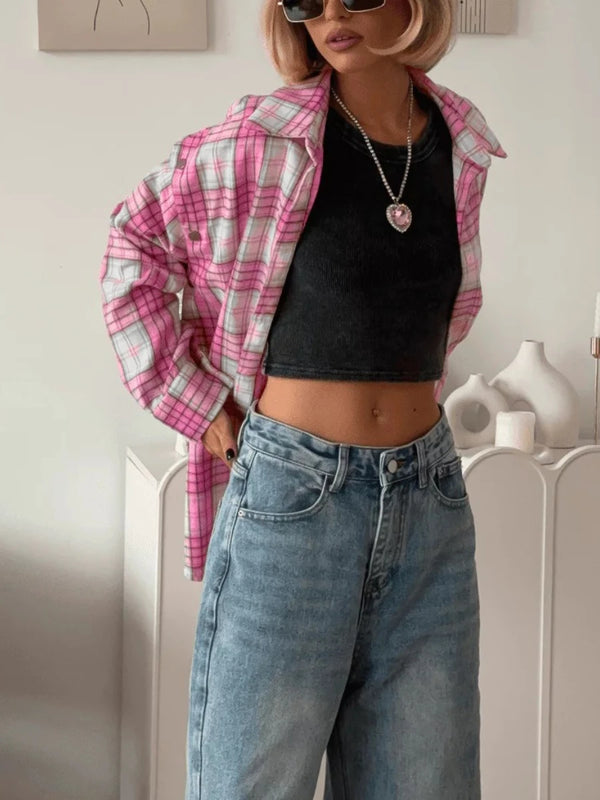 American Streetwear Pink Plaid Shirt for Women Lapel Removable Designer Long Sleeve Casual Shirts Female Fashion