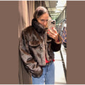 Women's Brown Faux Fur Cropped Jacket Fashion Stand Collar Single Breasted Pocket Casual Coat Lady 2026 Spring Chic Outerwear