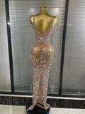 Sparkly Crystal Mesh See Through Women Sleeveless Sexy Bodycon Long Gowns Dress Evening Party Celebrate Birthday Outfit