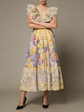 Luxurious Party Folds Design Draped Dress for Women V Neck Flying Sleeve Tunic Floral Printing Vintage Midi Dresses Female