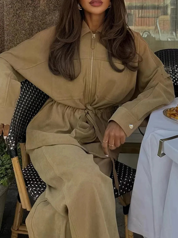 Two Piece Set for Women Stand Collar Long Sleeve Patchwork Drawstring Jacket High Waist Straight Pant Suit Female