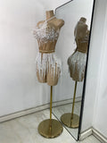 Women Sexy Crop Top Skirt Two Pieces Sets Glitter Sequins Backless Performance Outfit Nightclub Luxury Birthday Dress