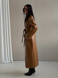 Plain Faux Leather Trench Coat Women V Neck Waist Lace Up Long Full Sleeve Back Split Jacket Winter Street Fashion Outfits 2026