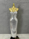 Classic Gold Sequin Mermaid Dress Rhinestone Chain Shoulder Straps Sweetheart Neck Formal Evening Gala Photoshoot Cocktail Party