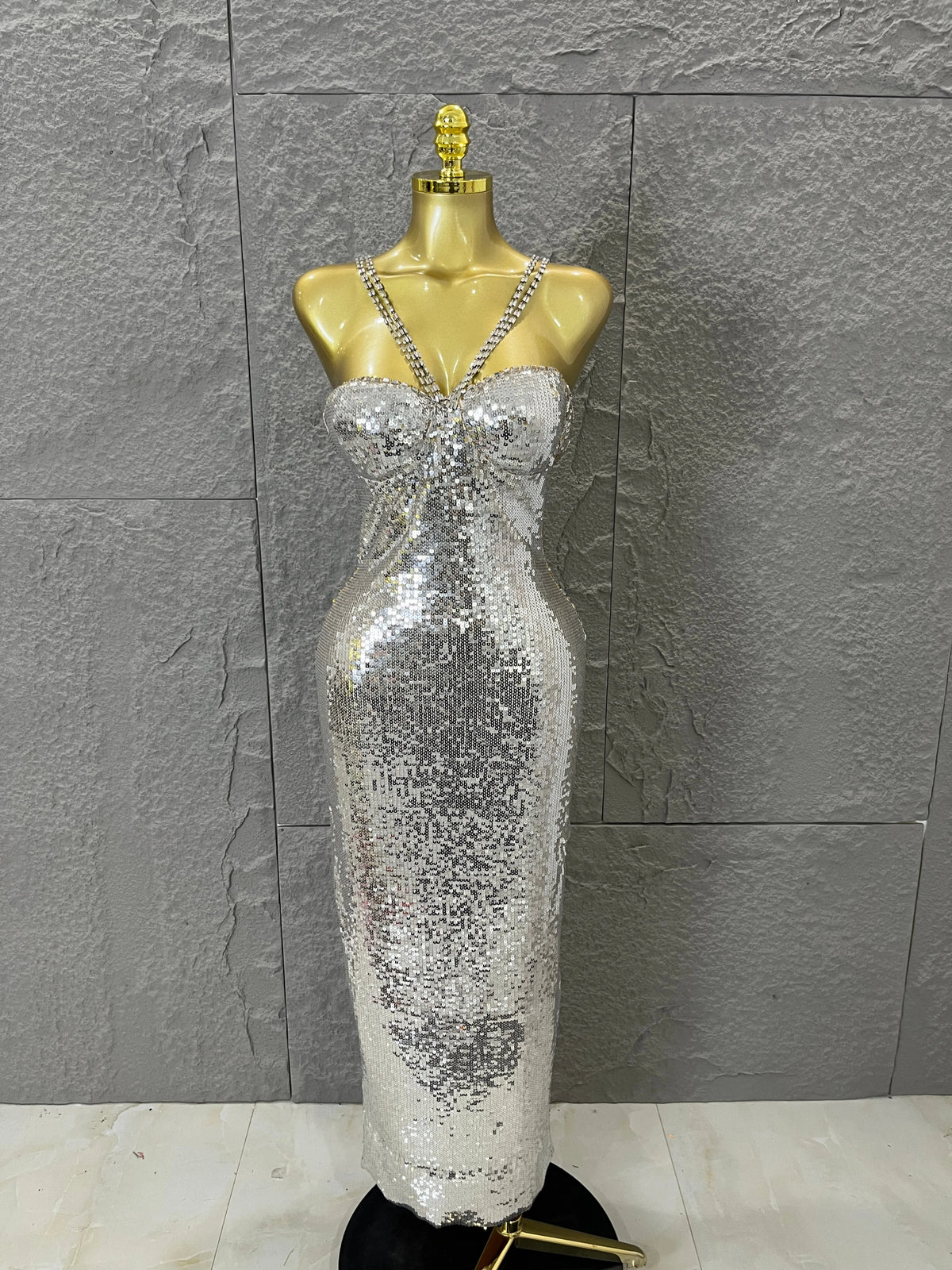 Classic Gold Sequin Mermaid Dress Rhinestone Chain Shoulder Straps Sweetheart Neck Formal Evening Gala Photoshoot Cocktail Party