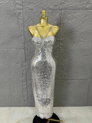 Classic Gold Sequin Mermaid Dress Rhinestone Chain Shoulder Straps Sweetheart Neck Formal Evening Gala Photoshoot Cocktail Party