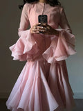 Women's Irregular Pleated Patchwork Fashion Long Flare Sleeve Waist Cinching Midi Dresses 2026 New Female Clothing