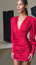 Sexy Women Deep V Puff Long Sleeve Satin Dress Solid Waist-cinching Design Ruched Slim Fit Dresses Elegant Party Lady Gowns 2026