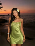 Women Chic Lime Green Satin Slip Skirt Sexy Sequin Fringe Bust Spaghetti Strap Bodycon Mini Dress Summer Party Vacation Wear New